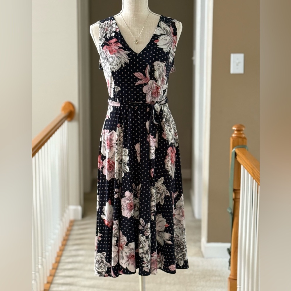 Tommy Hilfiger‎ Navy and Pink Floral Sleeveless Midi Dress